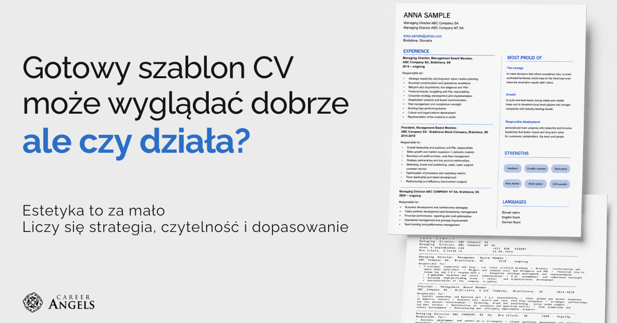 Grafika Career Angels z pytaniem „Gotowy szablon CV może wyglądać dobrze, ale czy działa?” oraz przykładem CV, pokazująca, że estetyka dokumentu to za mało, a skuteczne CV wymaga strategii, czytelności i dopasowania do roli.