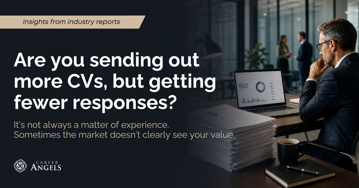 A dark, professional Career Angels graphic showing an executive sitting at a desk with a stack of CVs and a laptop displaying analytics. Large text asks: “Are you sending out more CVs, but getting fewer responses?” with a subtitle: “It’s not always a matter of experience. Sometimes the market doesn’t clearly see your value.”