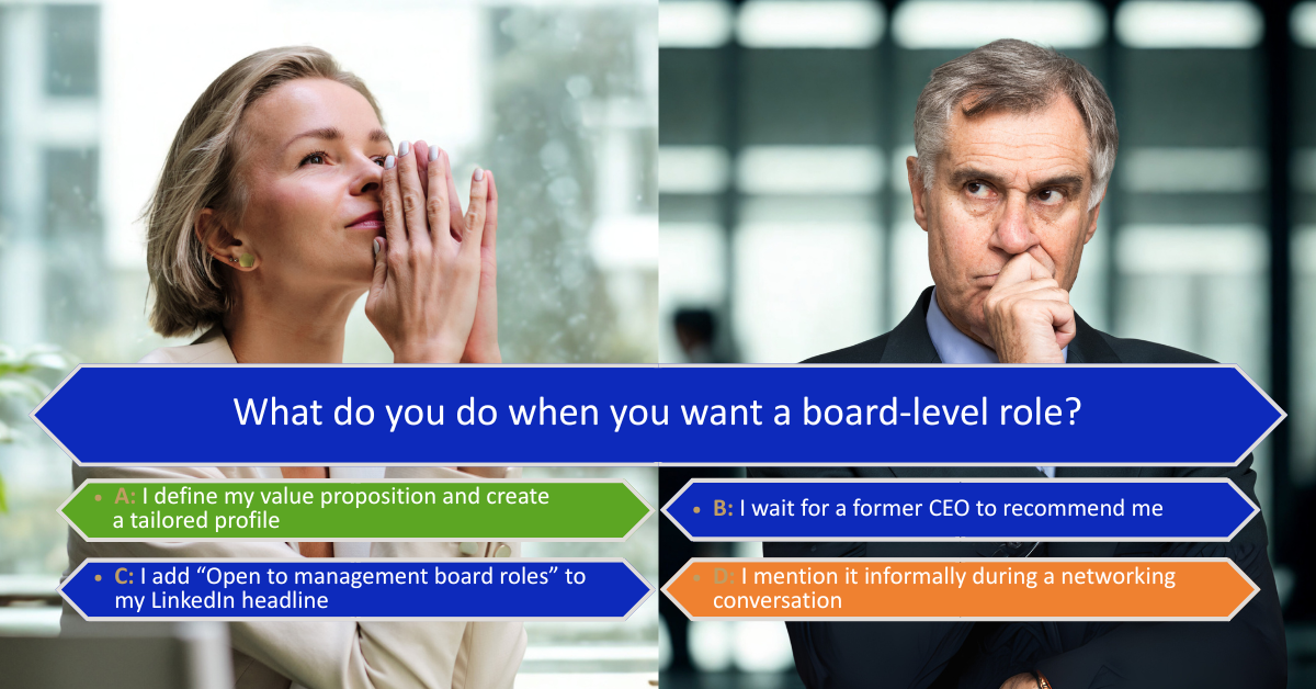 Graphic showing two professionals in a business setting with a quiz-style question: “What do you do when you want a board-level role?” The answer options highlight different approaches, with the correct option: “I define my value proposition and create a tailored profile.”