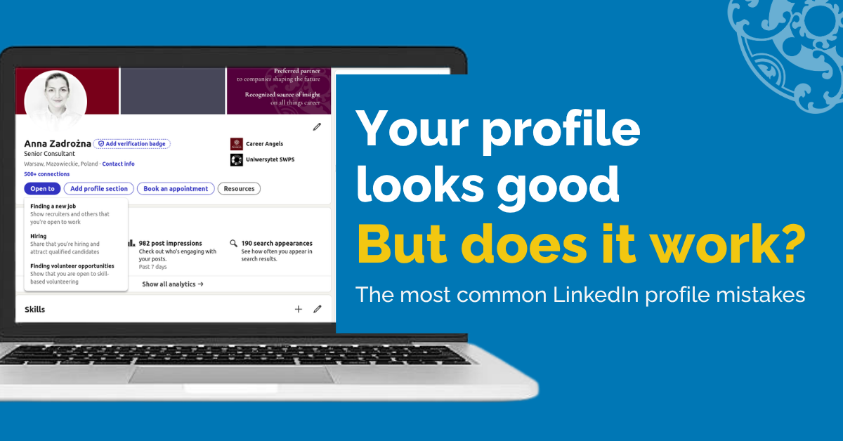 Graphic showing a LinkedIn profile displayed on a laptop next to the headline “Your profile looks good. But does it work?” and the subtitle “The most common LinkedIn profile mistakes.”