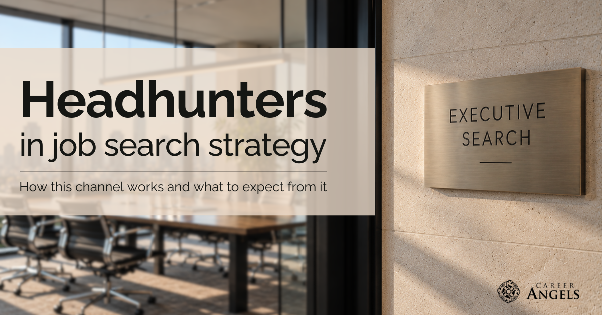 Career Angels graphic introducing an article about headhunters in job search strategy. A modern conference room is visible through glass walls, next to a metallic sign reading “Executive Search.” The headline reads “Headhunters in job search strategy: How this channel works and what to expect from it.”