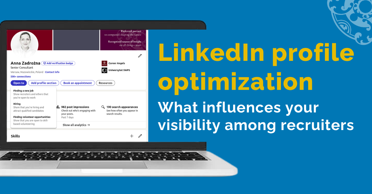 Graphic promoting LinkedIn profile optimization. A laptop displays Anna Zadrożna’s LinkedIn profile, alongside the text: “LinkedIn profile optimization. What influences your visibility among recruiters.”